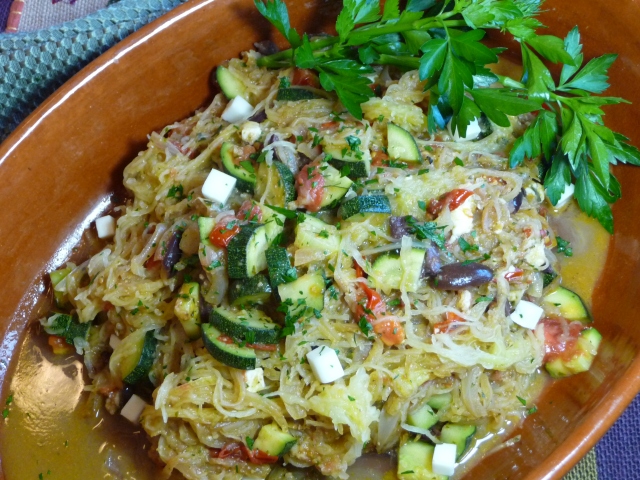 Spaghetti squash with sauteed veggies, kalamata and feta (c) jfhaugen