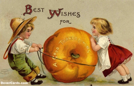A Vintage Thanksgiving Card or Two Children with a Pumpkin